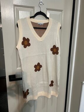 Sleeveless Cream Midi Dress with Brown Floral Knit - Miss Sparkling